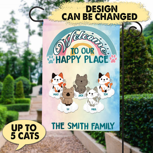 Welcome To Our Happy Place Cats Personalized Garden Flag - GA016PS